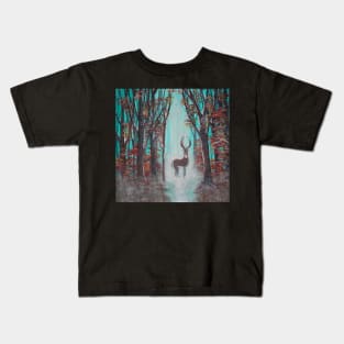 White Tail Deer, Buck Fall/Winter Art, Fall Red & Orange Leaves, Misty Teal background, Beautiful Gifts available on many products Kids T-Shirt